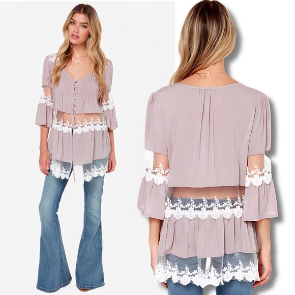Taupe Boho Lace Accent Bohemian Style Summer Button Blouse Top NEW NWT - Picture 3 of 6
